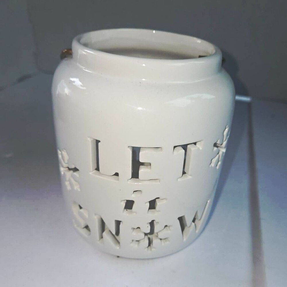 White Ceramic "Let It Snow" Tea Light Candle Holder, Hanging or Freestanding